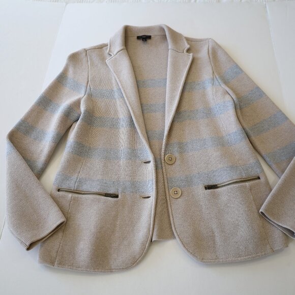 TALBOTS Size Small Petite Tan Beige Gray Stripe Blazer Cardigan Sweater - Picture 8 of 11
